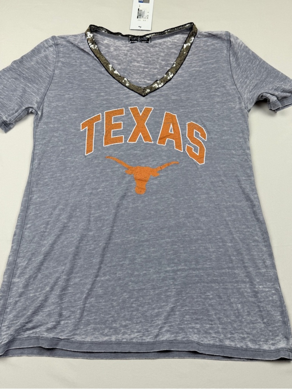 Women's Grey V-Neck 'TEXAS' Tee with Sequin Trim - Orange Accent